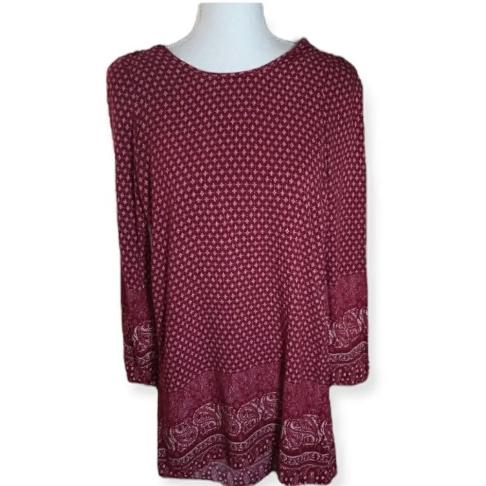 FULL TILT BURGUNDY & CREAM PAISLY DRESS SZ.M RUNS SMALL EUC